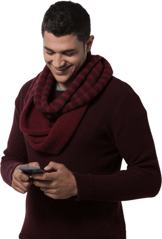 Smiling Young Man in Burgundy Sweater Using Mobile Phone