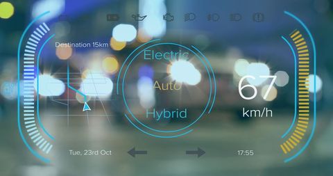 Futuristic Electric Car Speedometer Interface in Cityscape