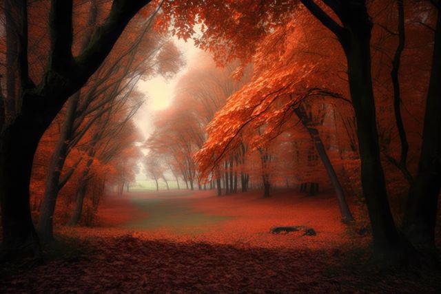Dense forest with brilliant red foliage in autumn, creating a misty, surreal atmosphere. Ideal for use in nature-themed projects, seasonal greeting cards, wall art, websites related to travel and outdoor activities, and background images for presentations and social media.