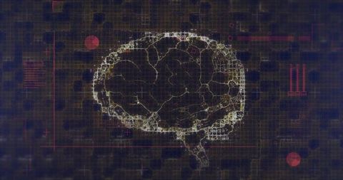 Futuristic digital brain display with grid interface