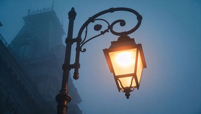 Glowing ornate cast-iron street lamp casting warm light and piercing dense fog at dusk