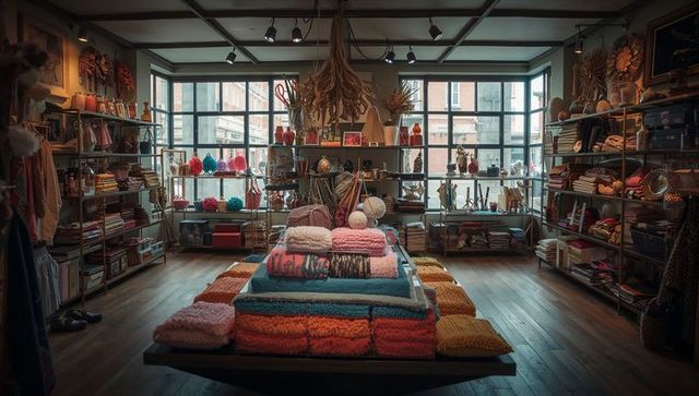 Boutique display showcasing folded textiles, cozy throws and vases on wooden table