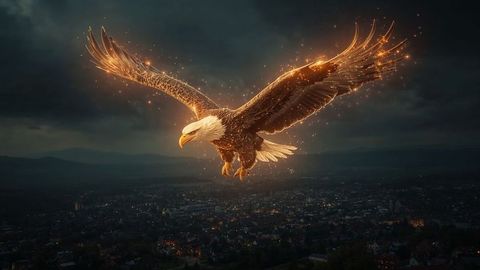 Majestic Bald Eagle Glowing Over Cityscape at Dusk