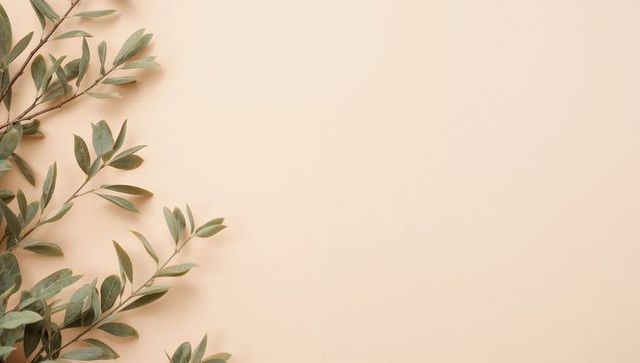 Displaying olive branches and elliptical green leaves on warm beige background with copy space