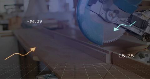 Circular Miter Saw Precision in Woodworking Workshop with Data Readouts