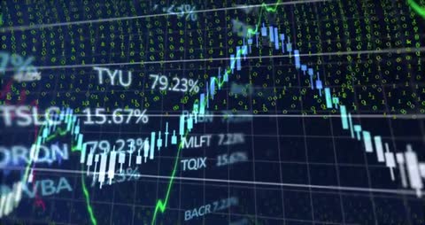 Digital Stock Market Display with Candlestick Chart and Data Overlay