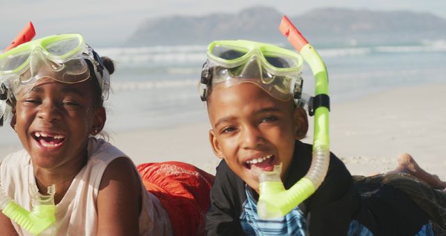 Smiling Children with Snorkel Gear on Beach - Download Free Stock Images Pikwizard.com