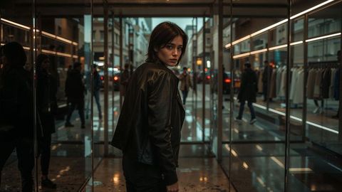 Modern asian female burglar in leather jacket at chic boutique entrance