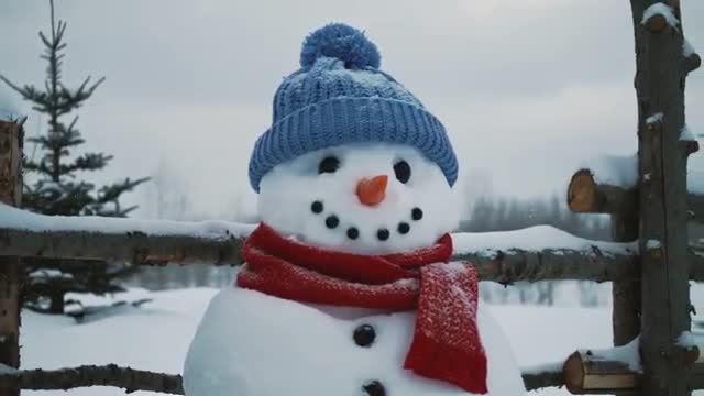 Snowman in Blue Hat and Red Scarf by Rustic Snowy Fence