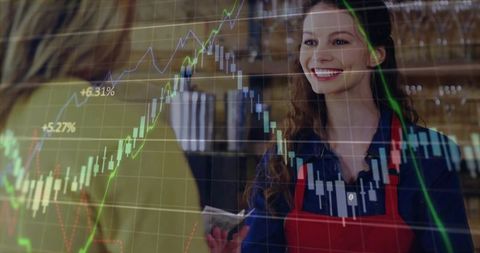 Smiling Barista Engaging Customer with Financial Chart Overlay