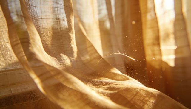 Sheer curtain flowing in golden light with floating dust motes and woven texture