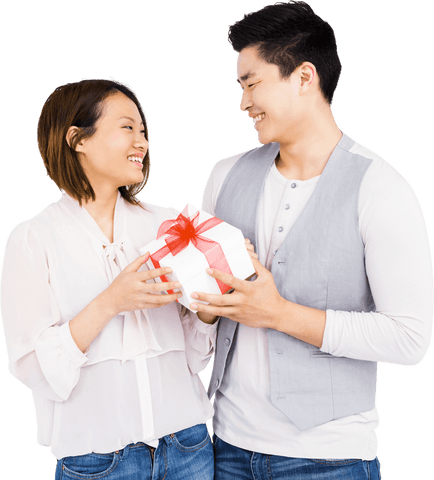 Young Couple Exchanging Gift with Transparent Background