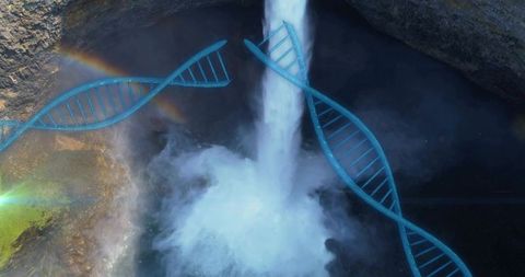 Surreal dna helix flowing through waterfall mist with rainbow prism over canyon in cyan