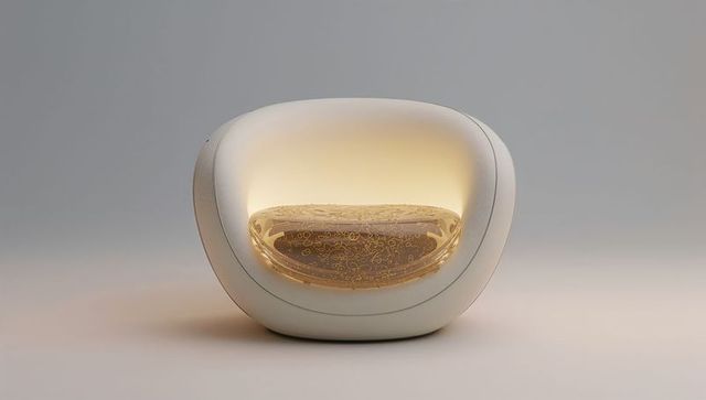 Futuristic minimalist pod chair emitting warm amber glow with golden patterned cushion