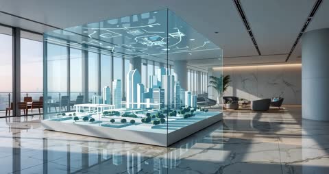 Futuristic 3D Architectural Model Display in Modern Showroom