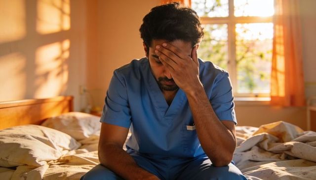 Exhausted indian clinician sitting on unmade bed holding head in hand at sunrise