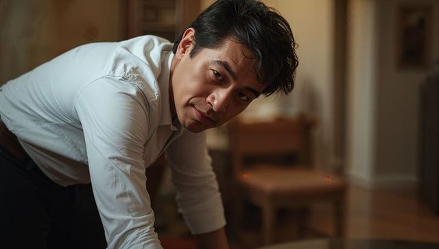 Intimate evening portrait of asian man leaning over dining table wearing white dress shirt