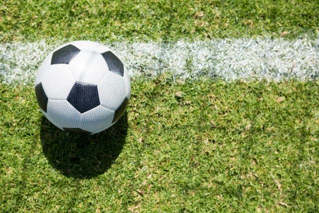 Soccer ball resting on green grass field near white line. Ideal for sports-related content, football game promotions, athletic event advertisements, and recreational activity illustrations.