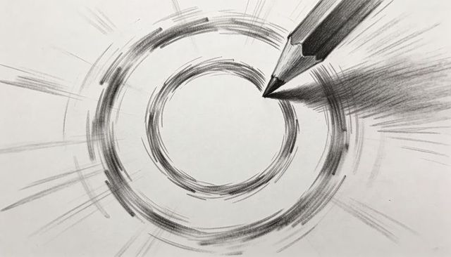 Graphite pencil sketching dynamic concentric rings with motion blur and texture