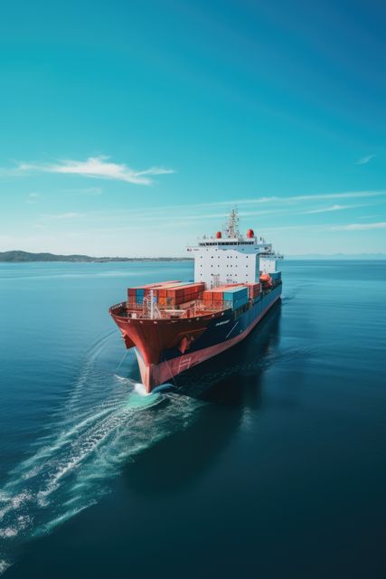 Large cargo ship transferring containers in calm ocean under clear blue sky. Ideal for topics on global trade, international shipping, logistics operations, and maritime commerce. Excellent visual for advertisements focused on shipping companies, trade businesses, and global logistics solutions.