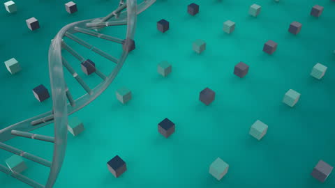 Digital DNA Strand with Geometric Shapes on Blue Background