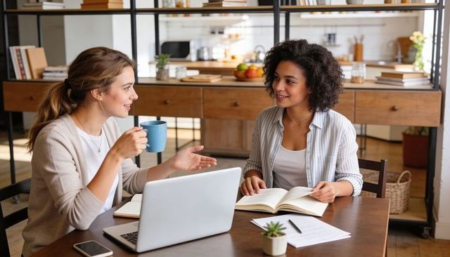 Two Women Collaborating at Kitchen Table Holding Coffee Mug and Studying with Laptop