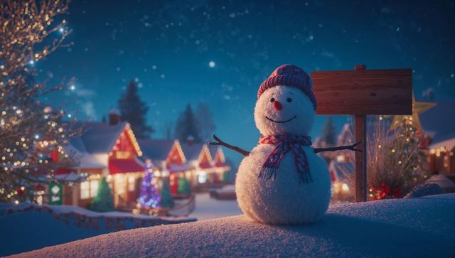Cheerful Snowman with Hat and Scarf Near Village at Night