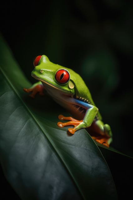 This striking photo of a red-eyed tree frog resting on a green leaf can be used for educational materials about rainforests and amphibians, wildlife conservation campaigns, and nature documentaries. It emphasizes the vibrant colors and unique features of tropical wildlife, making it ideal for use in science textbooks, nature blogs, and environmental awareness promotions.