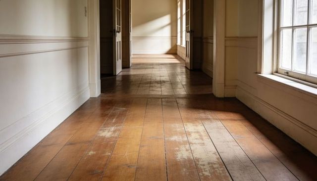 Worn wooden-plank corridor leading toward sunlit rooms with sash window light and shadows