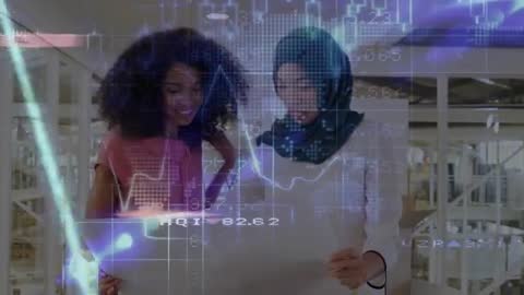 Collaborators Reviewing Architectural Blueprint with Digital Data Overlay