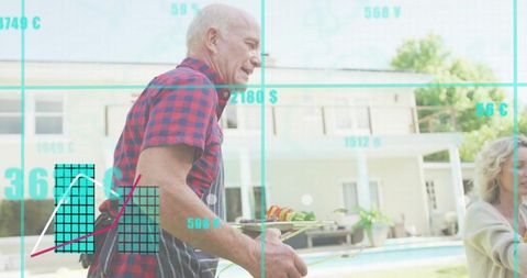 Senior man carrying grilled skewers by pool during backyard barbecue with tech overlay