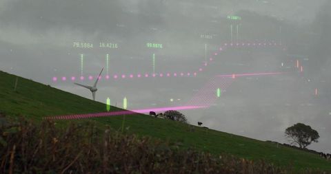 Wind Turbine on Farmland with Digital Chart Overlay, Promoting Renewable Energy