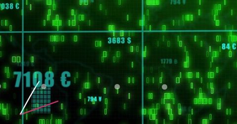 Neon green financial data matrix showing currency values and uptrend line on grid