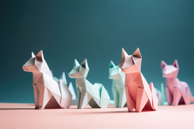 Close up of origami figures of cats on pink blue background, created using generative ai technology. Origami, art and japanese tradition concept digitally generated image.