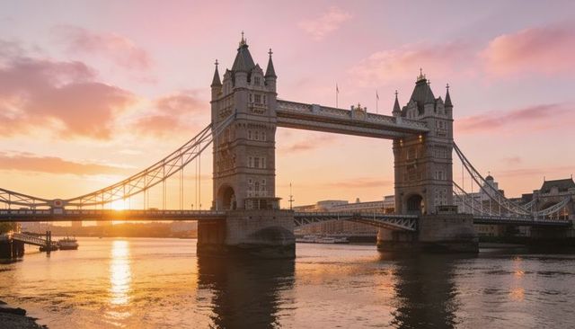 Tower bridge at sunset with golden reflections on river thames and gothic twin towers