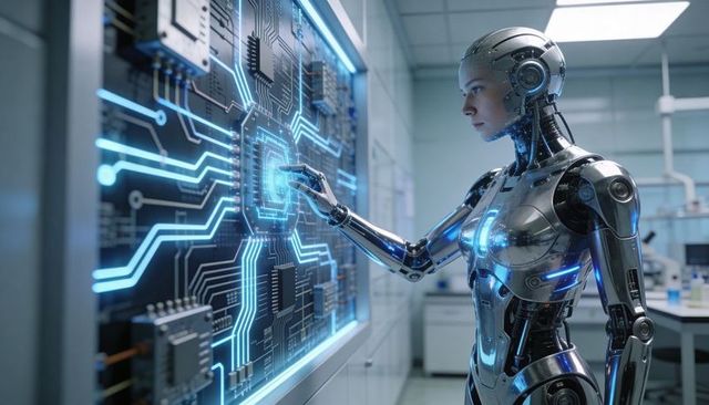 Humanoid Robot Interacting with Holographic Circuit Interface in Futuristic Research Lab
