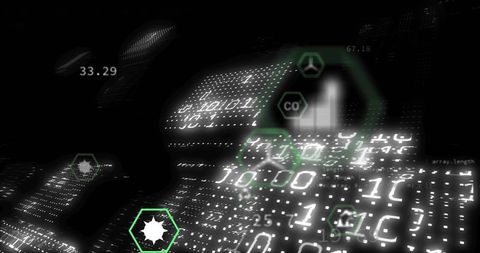 Rippling 3D Binary Grid with Floating Hex UI for Cyber Analytics and Network Visualization