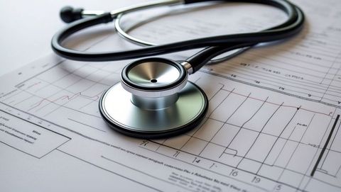 Stethoscope resting on cardiogram reports for healthcare analysis, cardiovascular diseases topic