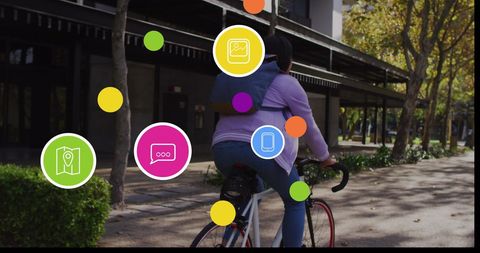 Woman Cycling with Social Media and Business Data Icons