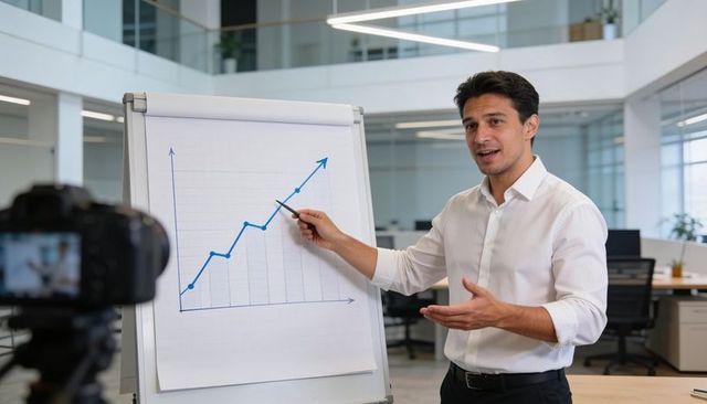 Business presenter explaining rising sales graph on flip chart for corporate training
