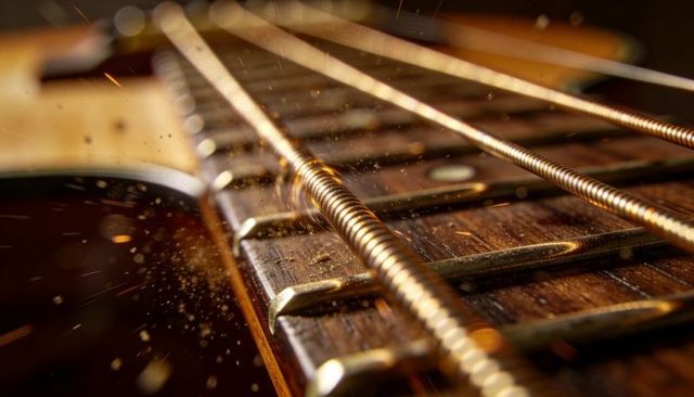 Wound guitar strings vibrating over rosewood fretboard with warm studio sparks macro