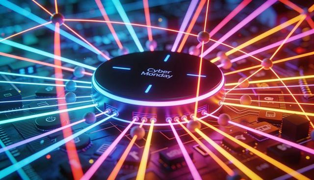 Cyber monday neon hub radiating network beams across circuit board for tech sale