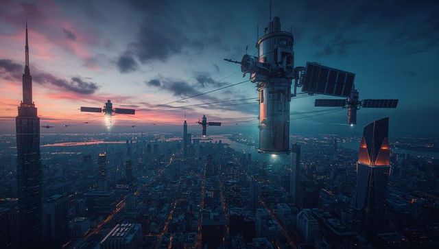 Futuristic spaceport above metropolis at dusk with solar panels