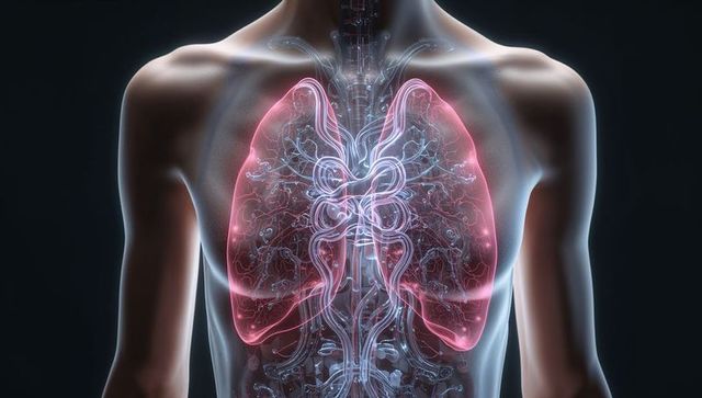Translucent 3d torso highlighting lungs, bronchi and trachea with glowing vascular network