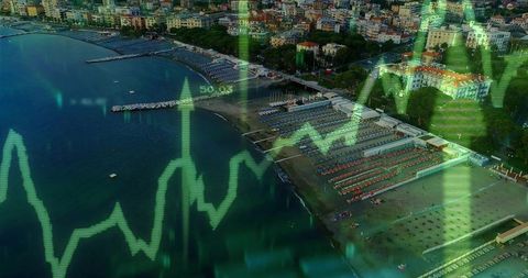 Aerial coastal resort showing green finance chart overlay and sustainable tourism growth
