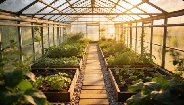 Sunlight bathing glass greenhouse with symmetrical raised beds and central plank walkway
