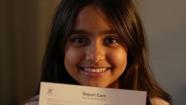 Preteen girl smiling while holding report card warm home light celebrating school success