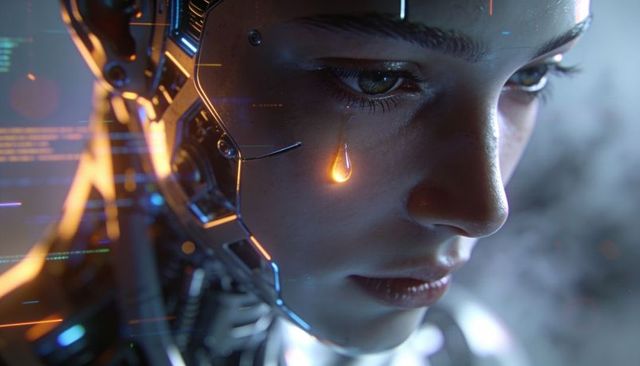 Feminine cyborg shedding amber tear with polished implants, circuitry and neon ui code