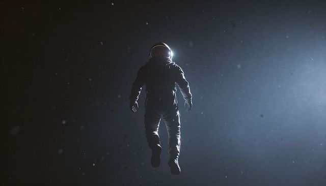 Lonely astronaut floating in dark vacuum with rim light, helmet visor and eva suit