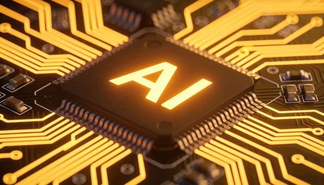 Glowing ai microchip emitting orange light on illuminated circuit board with gold traces